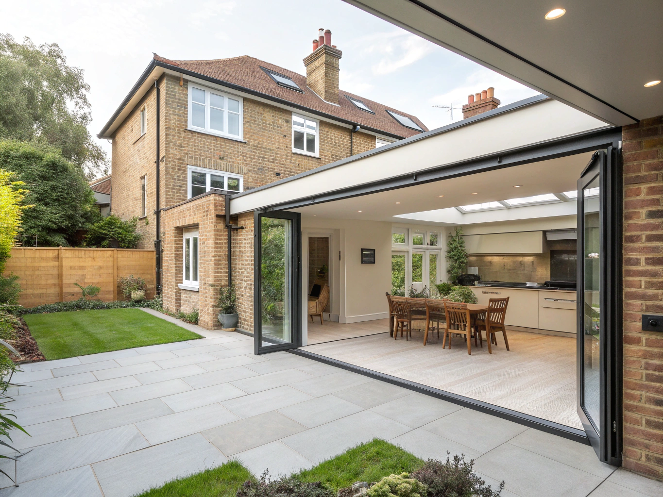 Rear home extension exterior and patio doors opening into finished space
