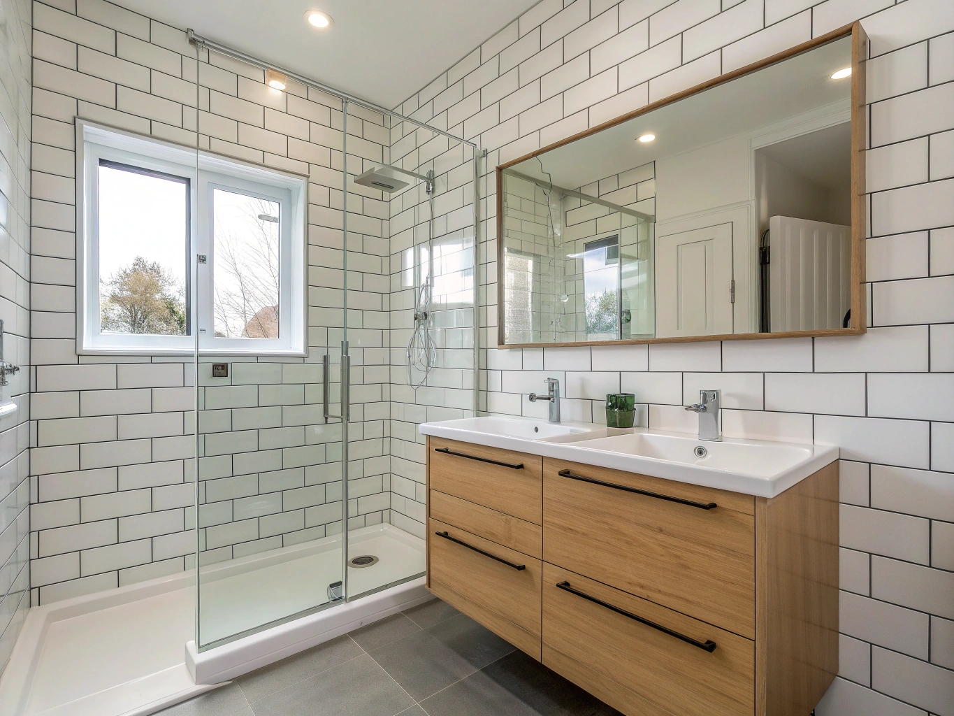 Finished bathroom installation with modern sanitaryware and ceramic wall tiling
