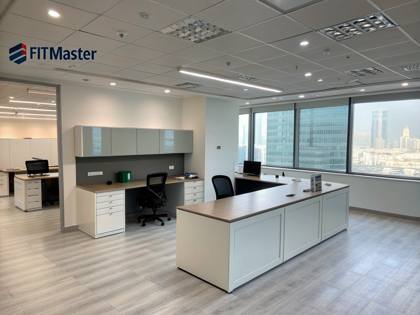Finished commercial office fit-out with glass partitions and durable industrial flooring