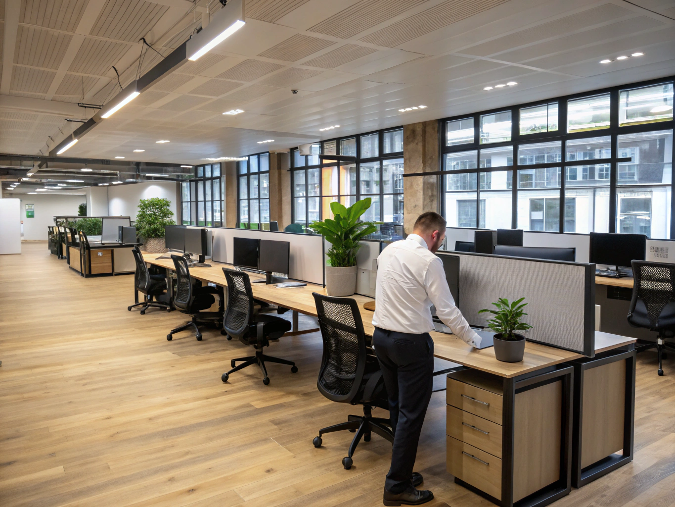 Open plan commercial office workspace with modern lighting and architectural finishes