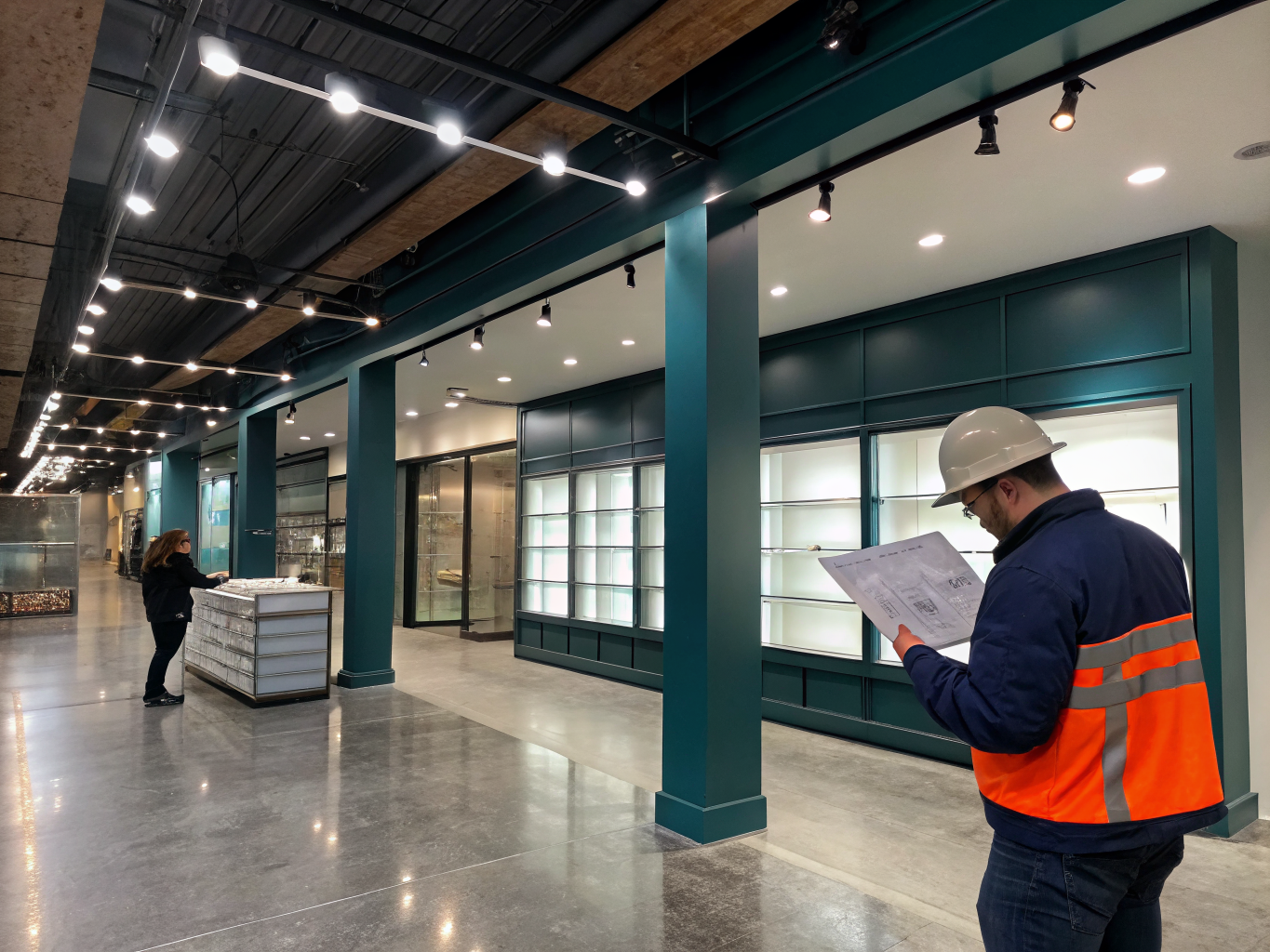 Finished commercial retail interior with architectural lighting and display joinery
