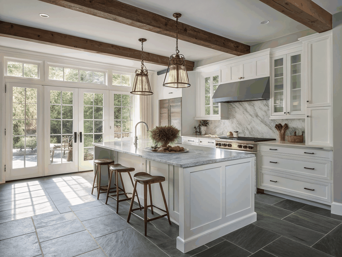 Modern fitted shaker kitchen with central island and integrated appliances