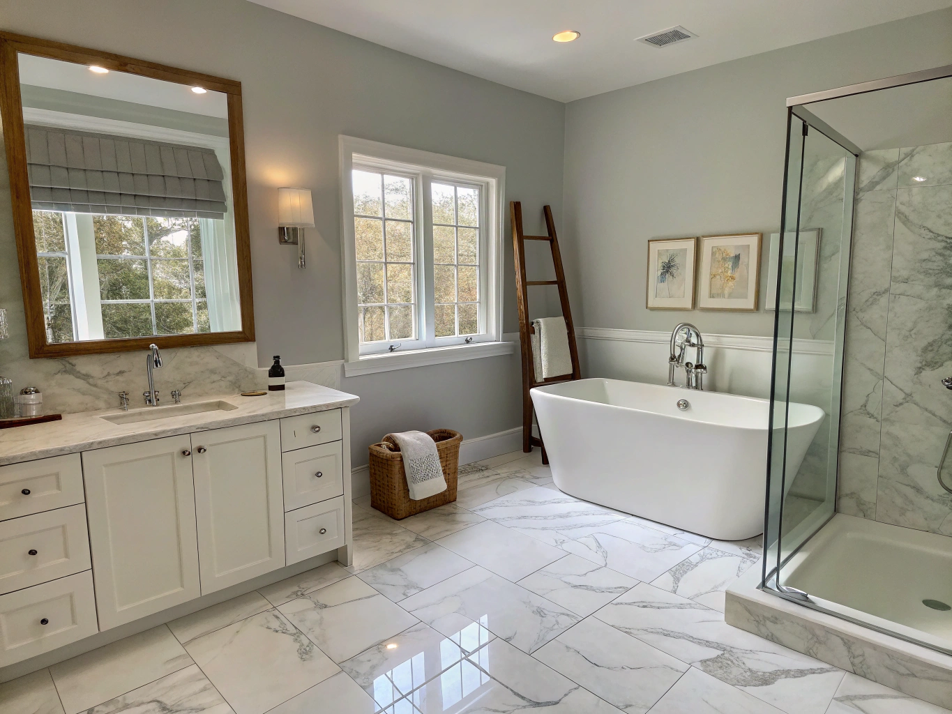 Renovated luxury bathroom with Clifton Bathrooms sanitaryware and stone tiling