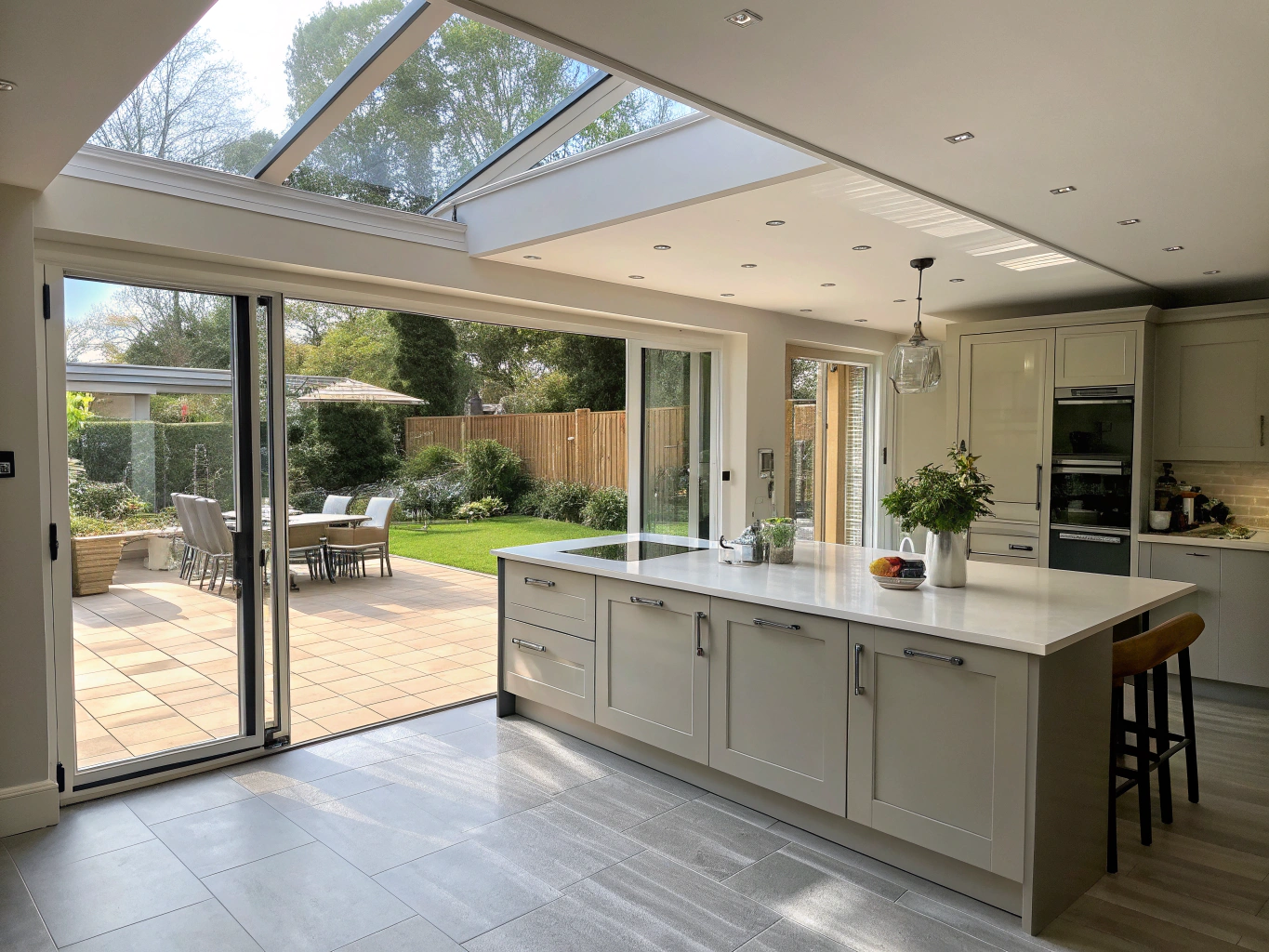 Open-plan modern kitchen extension with structural skylights and island unit