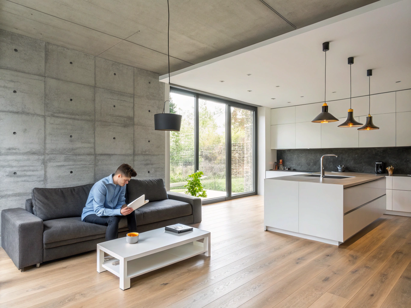 Open-plan living room and dining renovation with herringbone flooring and recessed lighting