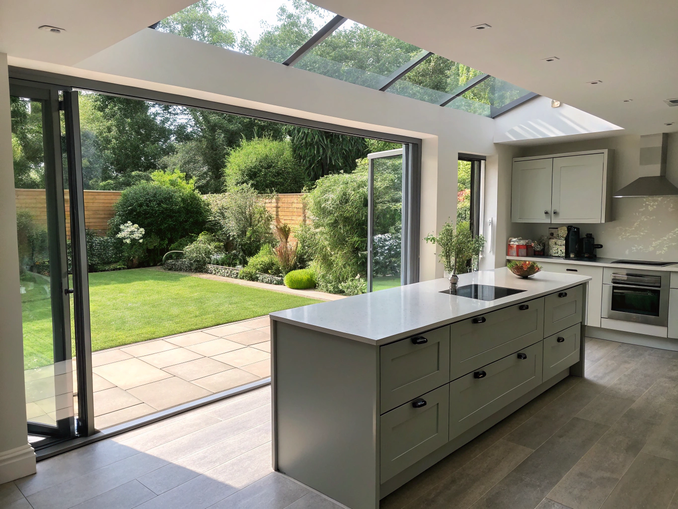 Spacious open plan modern kitchen extension with island and bi-fold doors