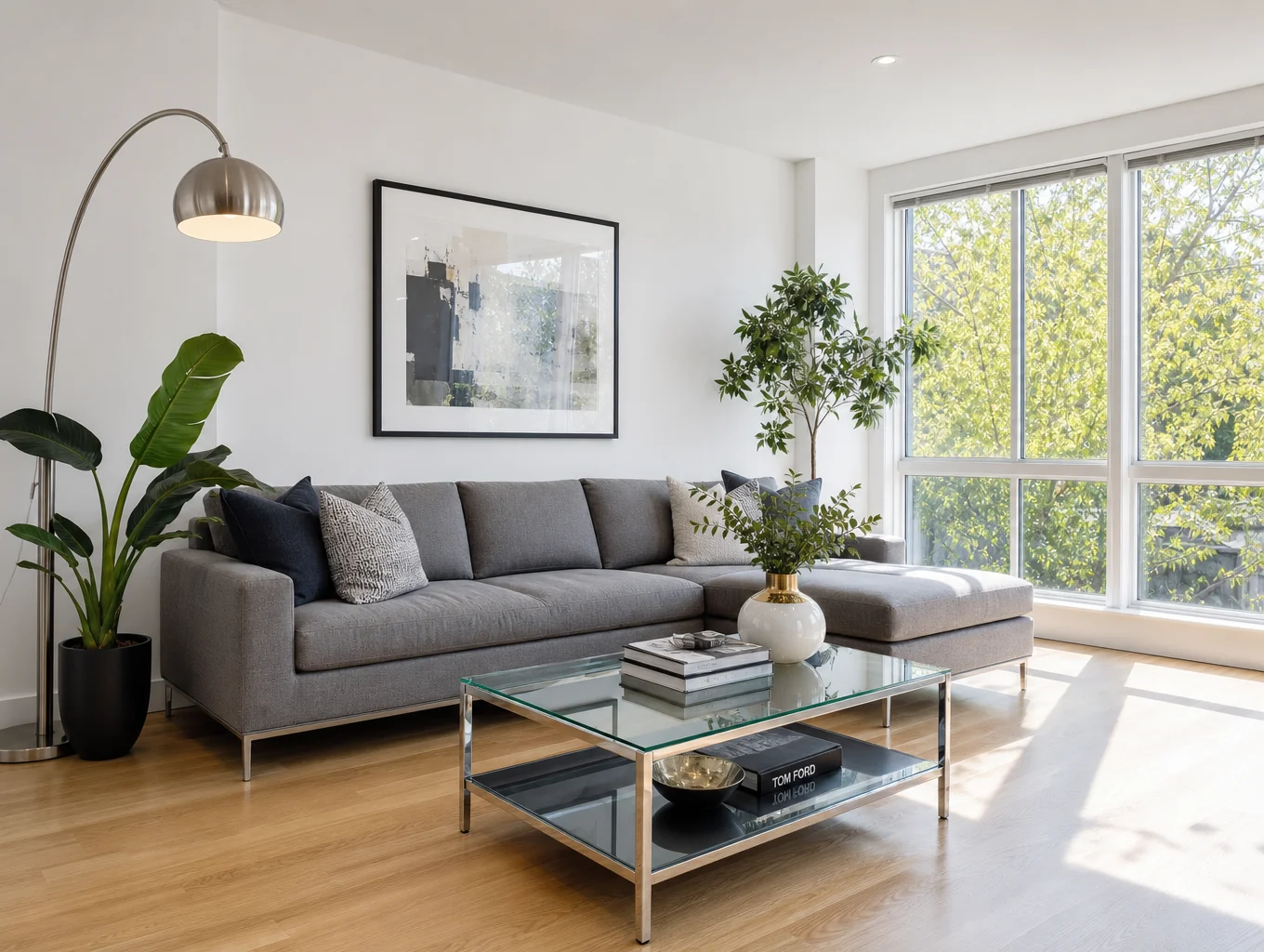Refurbished modern open-plan living room and hallway in semi-detached house