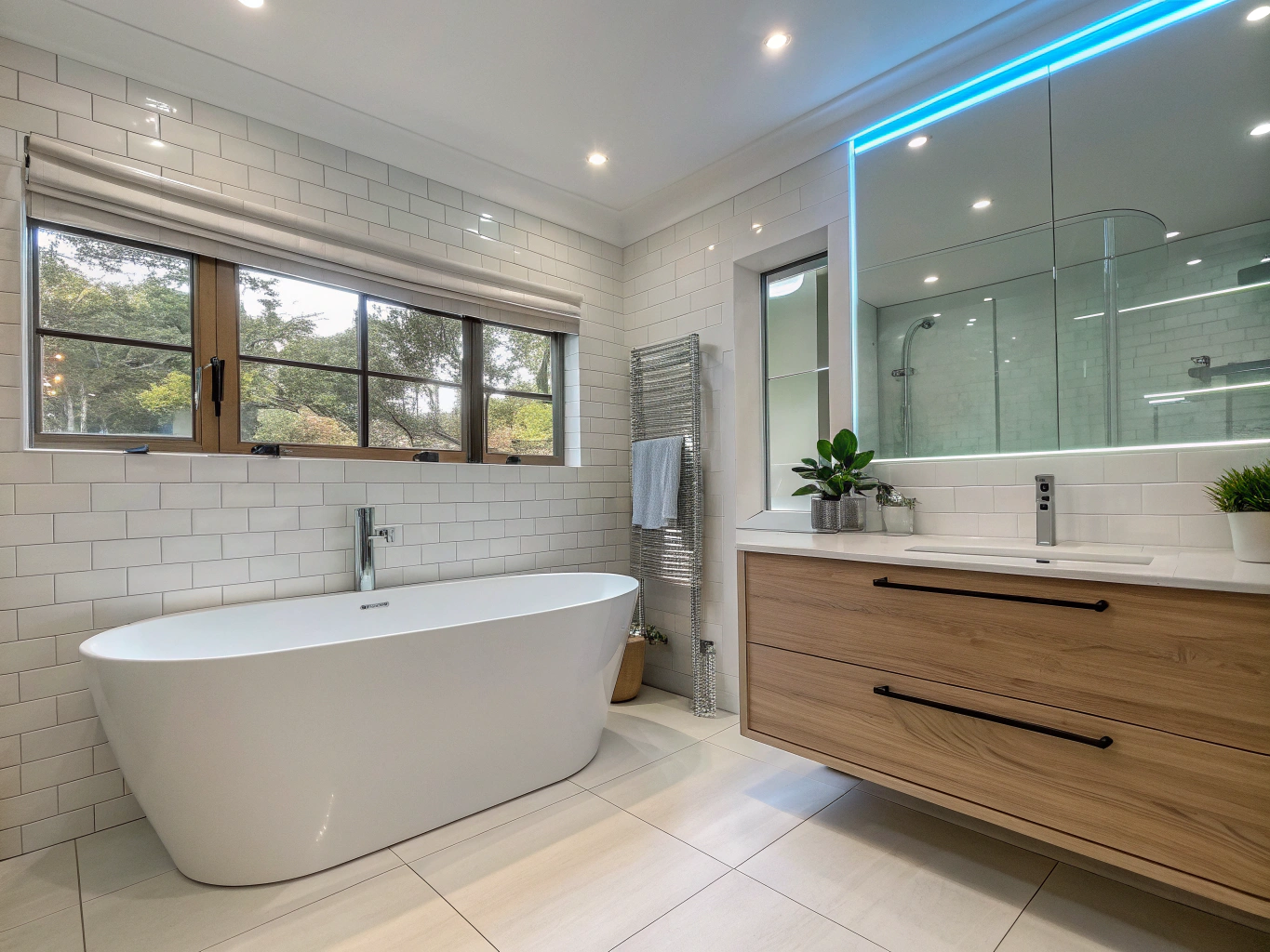 Luxury tiled contemporary bathroom suite with walk-in glass shower