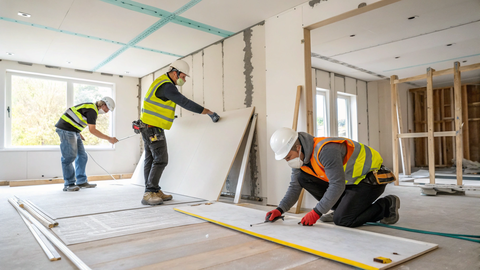 On-site multi-trade construction workforce actively working on a residential construction project