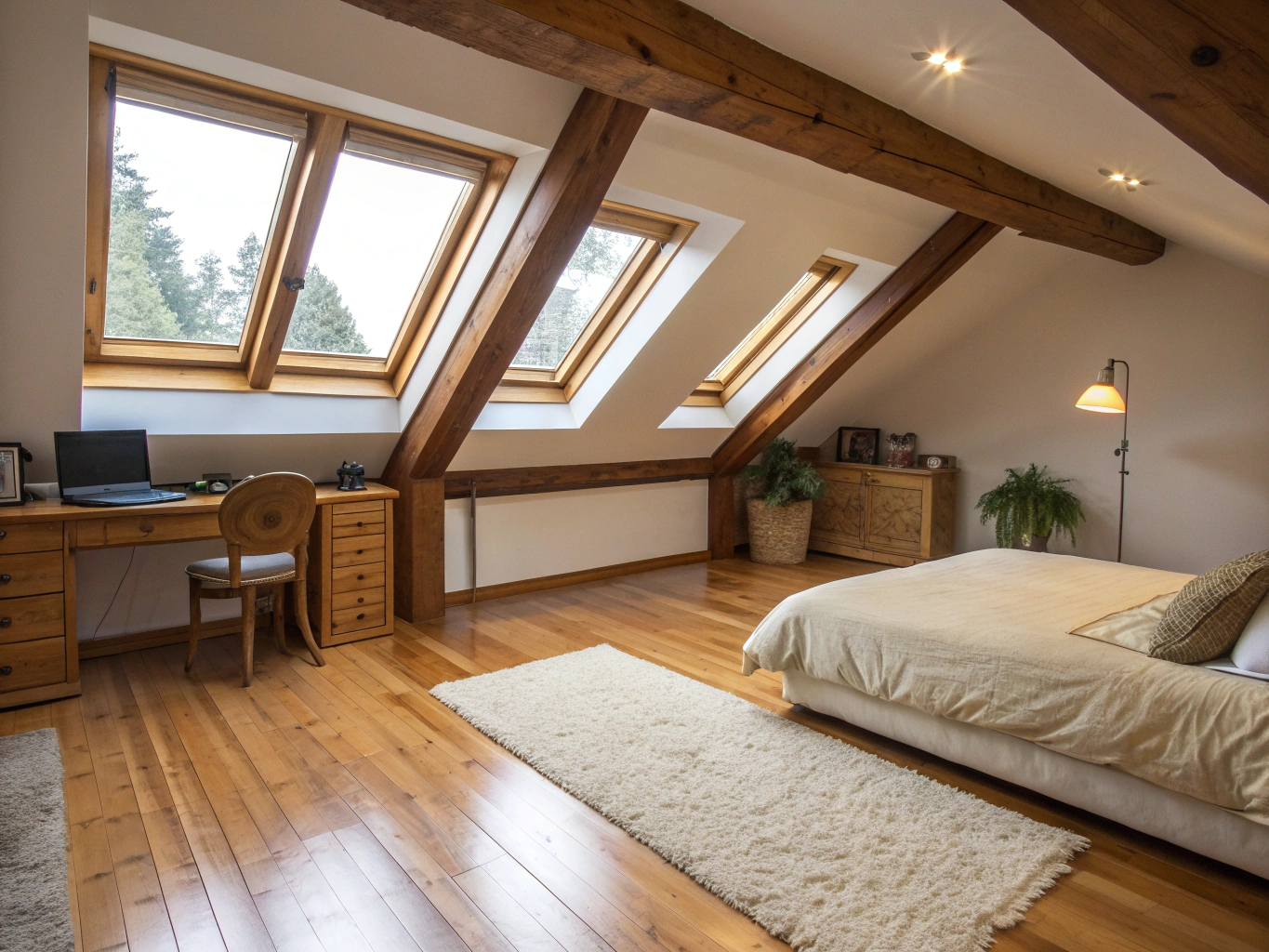 Bright dormer loft conversion bedroom with skylights and timber finishes